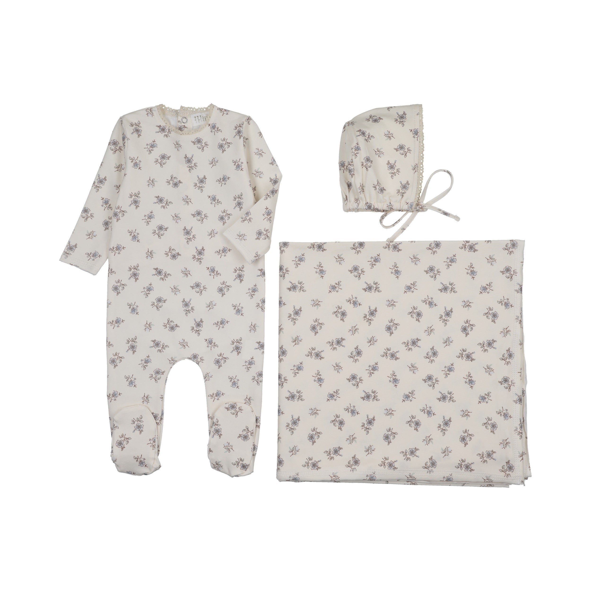 Blossom Footie + Bonnet + Swaddle - Powder