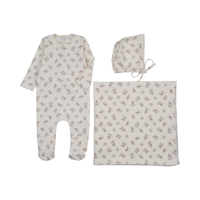 Blossom Footie + Bonnet + Swaddle - Rose