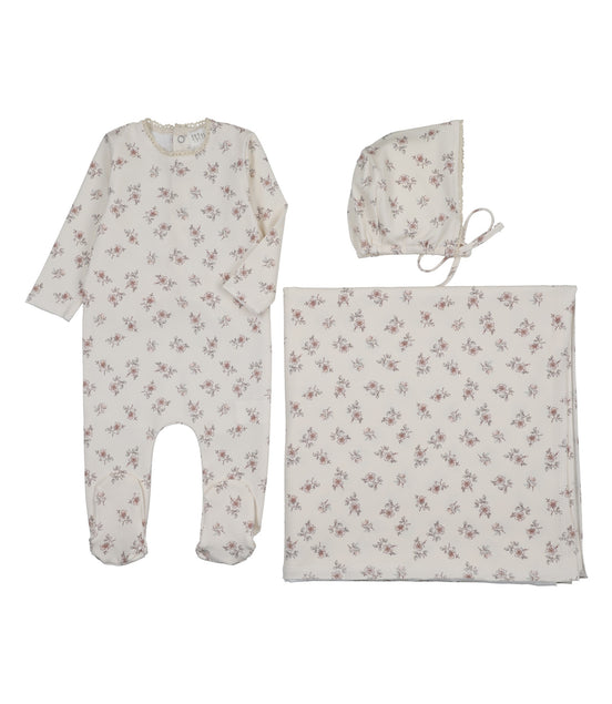 Blossom Footie + Bonnet + Swaddle - Rose