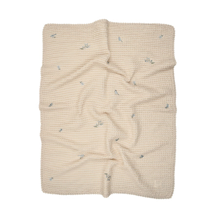Floral Birds Embroidered Waffle Blanket - Blue