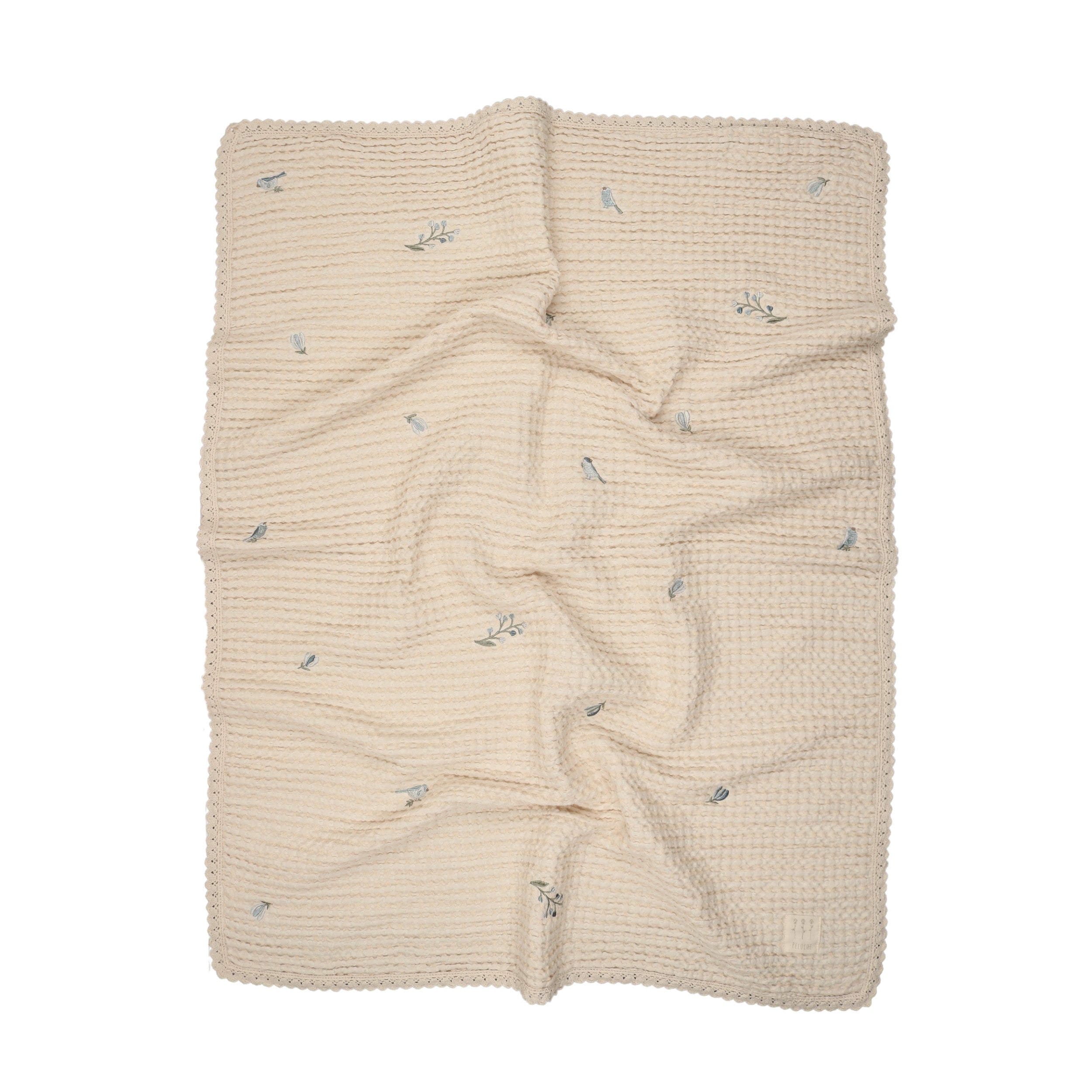 Floral Birds Embroidered Waffle Blanket - Blue