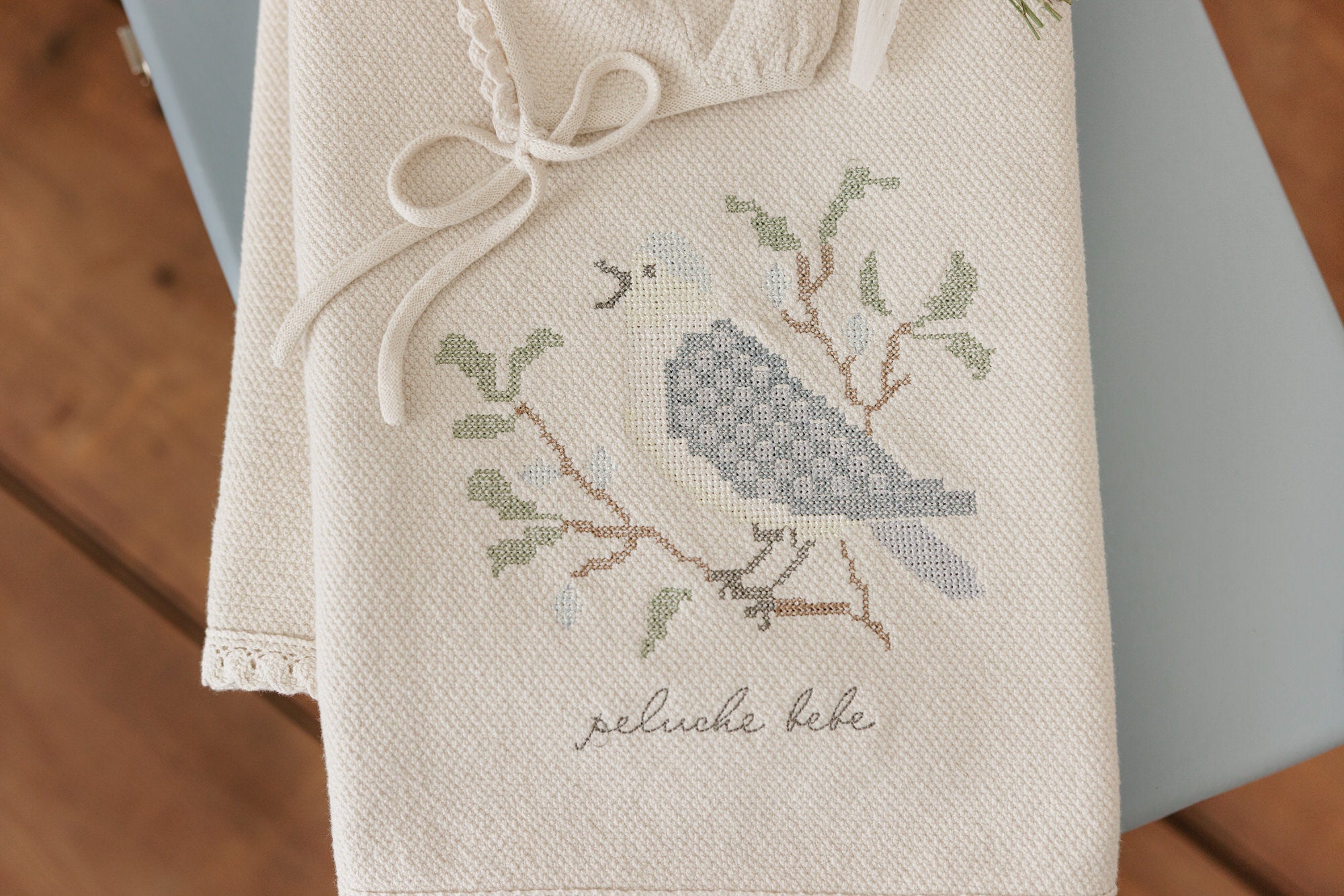 Knit Cross Stitch Blanket and Bonnet - Stone Blue