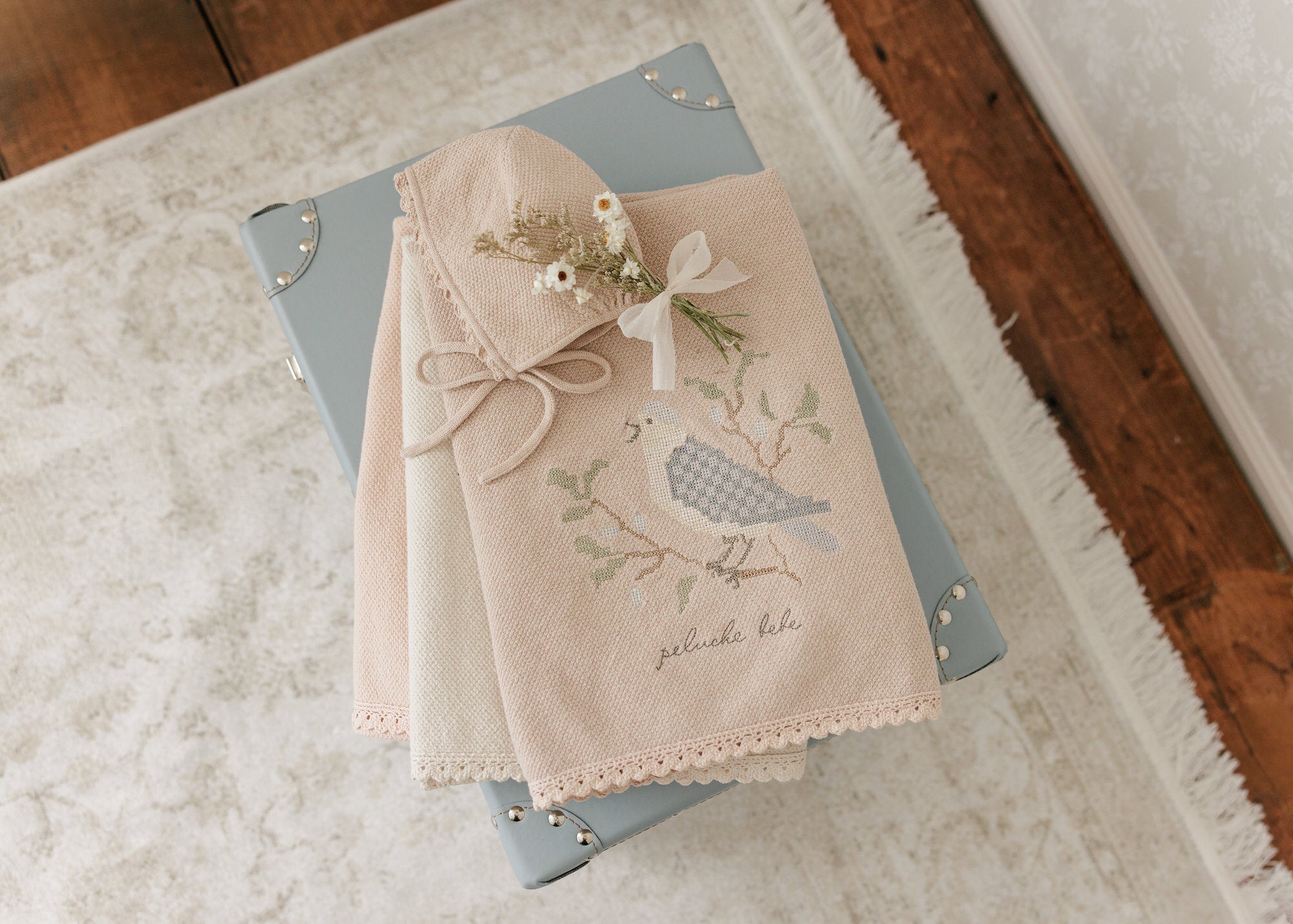 Knit Cross Stitch Blanket and Bonnet - Taupe