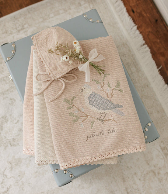 Knit Cross Stitch Blanket and Bonnet - Taupe