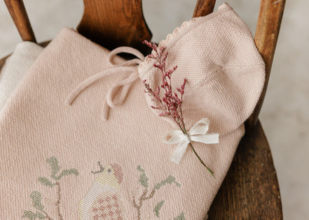 Knit Cross Stitch Blanket and Bonnet - Rose