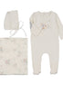 Floral Footie/Blue Gingham Elbow Patch + Bonnet + Swaddle