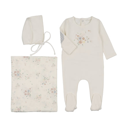 Floral Footie/Blue Gingham Elbow Patch + Bonnet + Swaddle