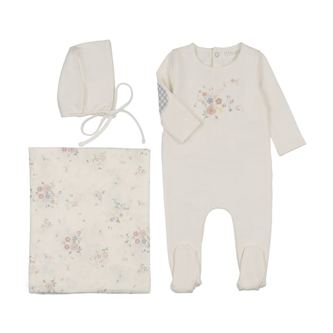 Floral Footie/Blue Gingham Elbow Patch + Bonnet + Swaddle