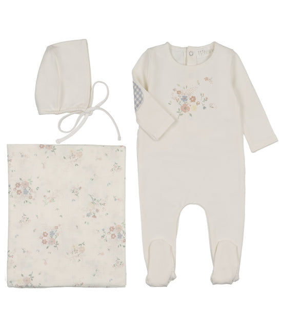 Floral Footie/Blue Gingham Elbow Patch + Bonnet + Swaddle