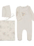Floral Footie/Pink Gingham Elbow Patch + Bonnet + Swaddle