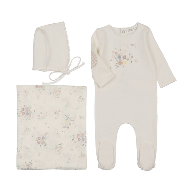Floral Footie/Pink Gingham Elbow Patch + Bonnet + Swaddle