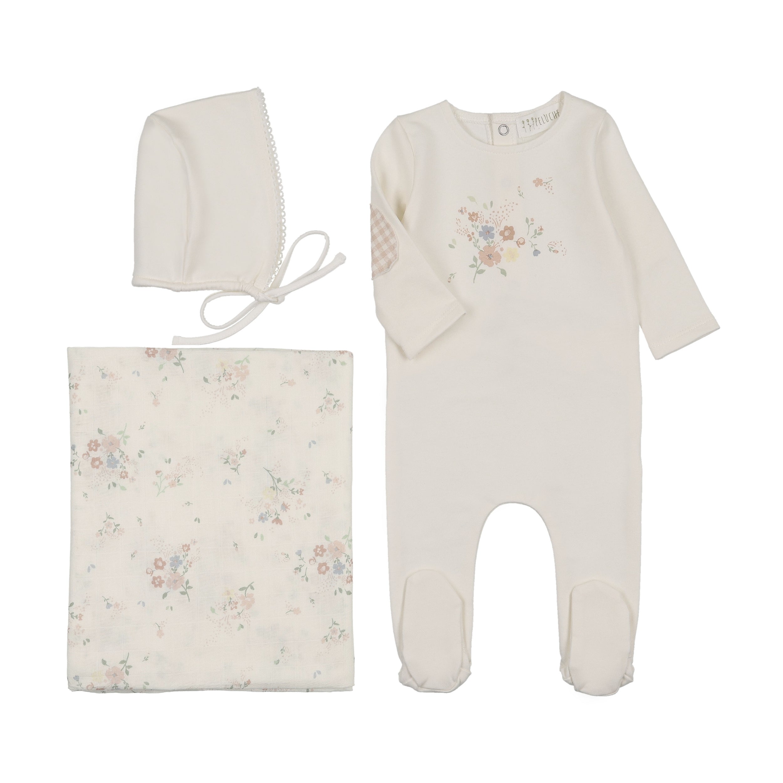 Floral Footie/Pink Gingham Elbow Patch + Bonnet + Swaddle
