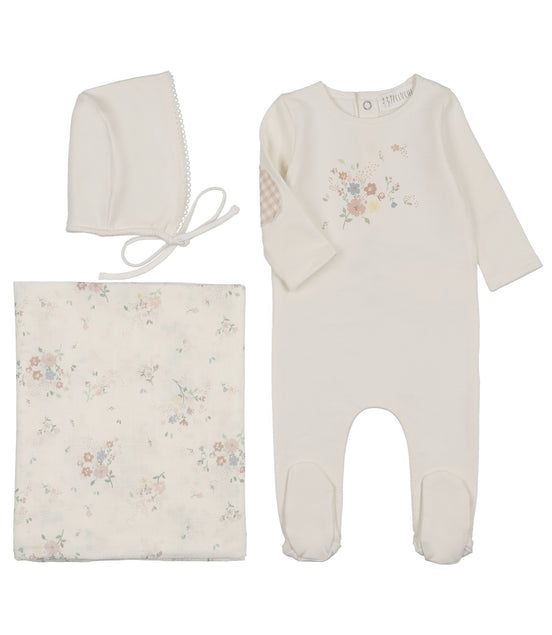 Floral Footie/Pink Gingham Elbow Patch + Bonnet + Swaddle