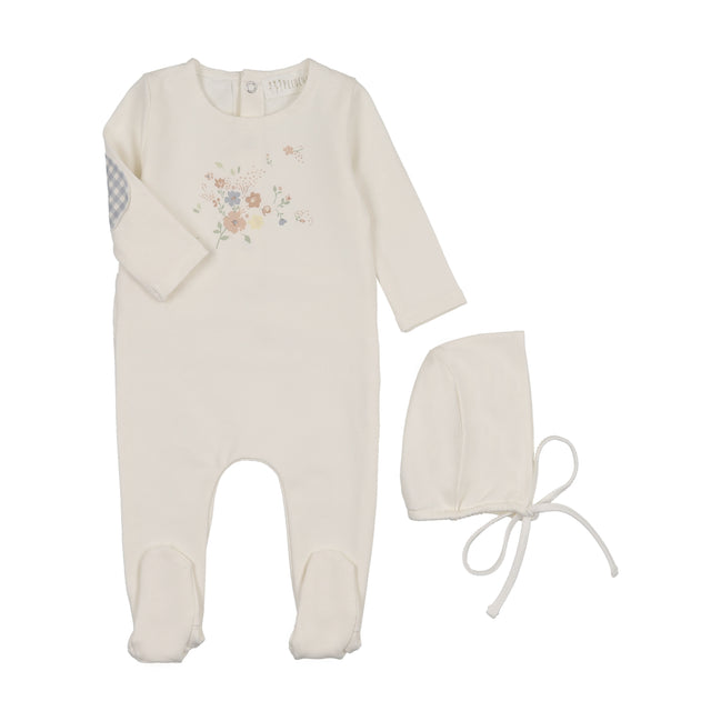 Floral Footie/Blue Gingham Elbow Patch + Bonnet