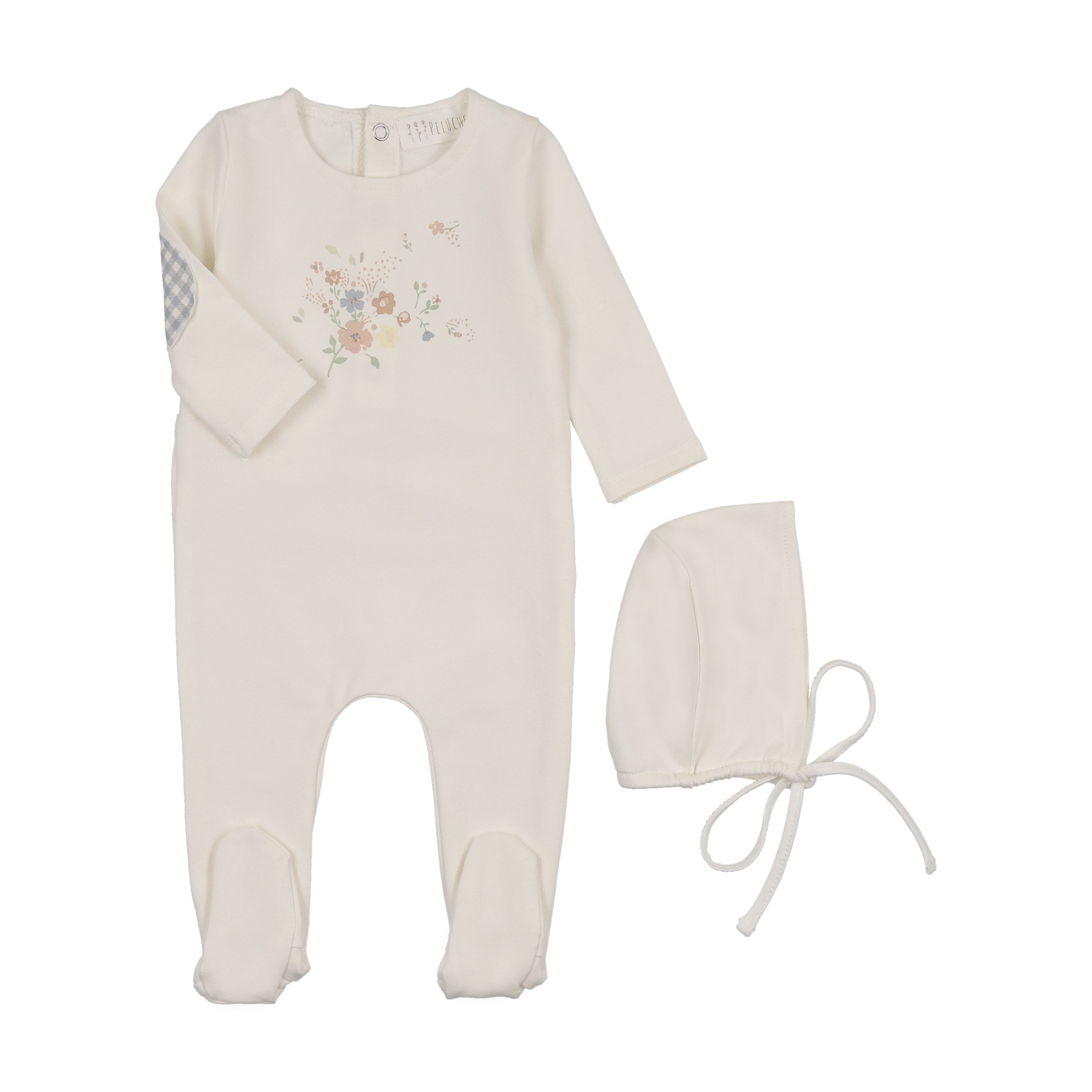 Floral Footie/Blue Gingham Elbow Patch + Bonnet