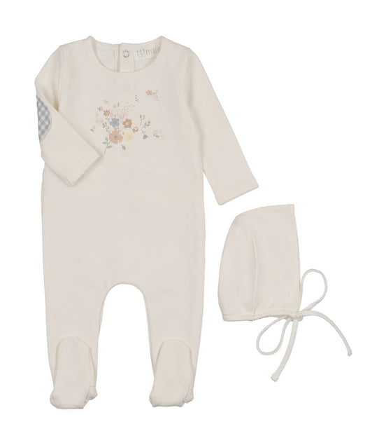 Floral Footie/Blue Gingham Elbow Patch + Bonnet