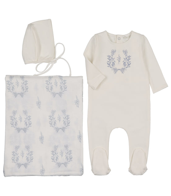 Botanical Blue Footie + Bonnet + Swaddle