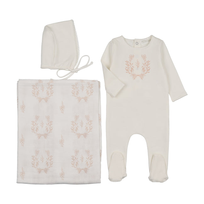 Botanical Pink Footie + Bonnet + Swaddle