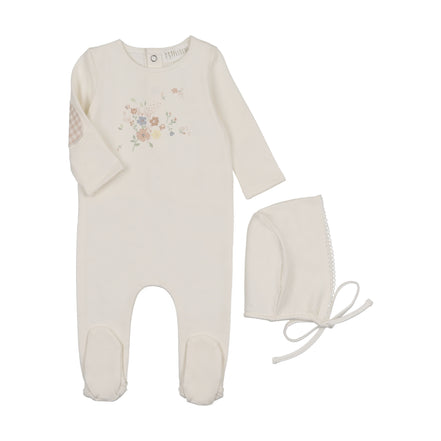 Floral Footie/Pink Gingham Elbow Patch + Bonnet