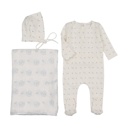 Teakettle Footie + Bonnet + Swaddle - Blue