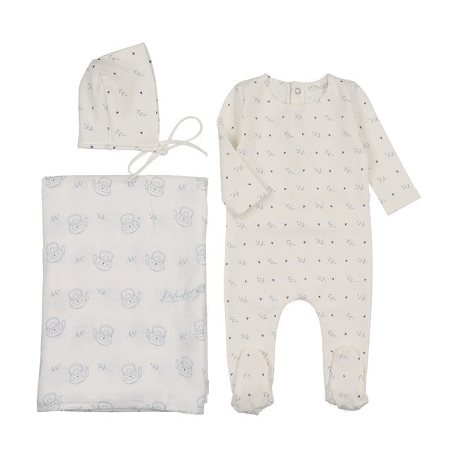 Teakettle Footie + Bonnet + Swaddle - Blue