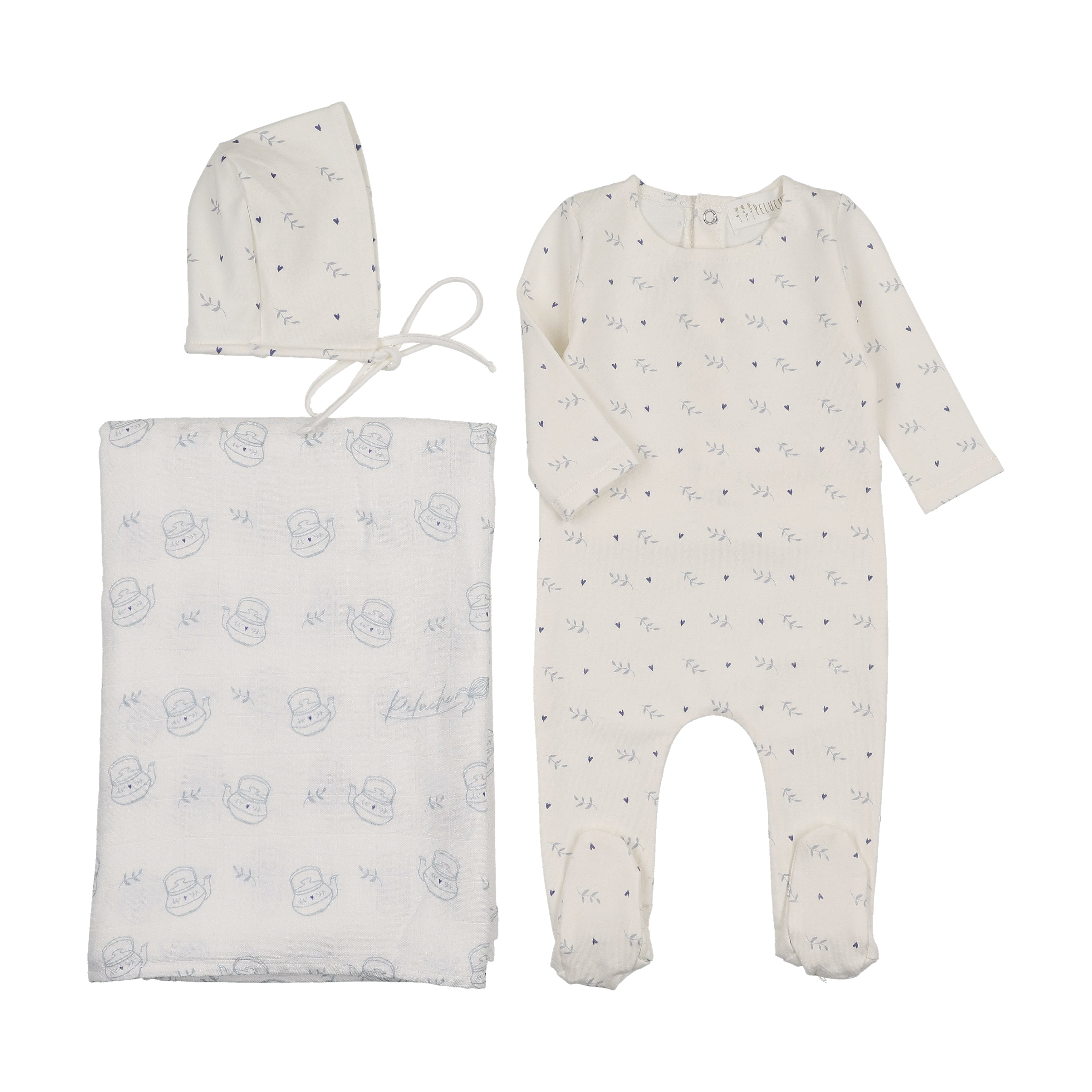 Teakettle Footie + Bonnet + Swaddle - Blue