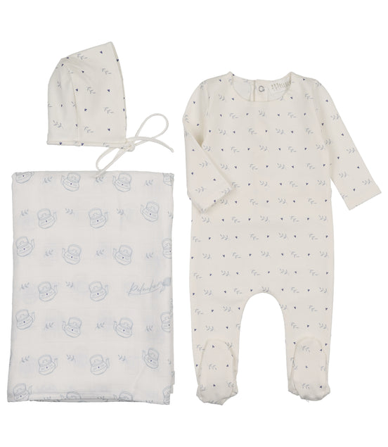 Teakettle Footie + Bonnet + Swaddle - Blue