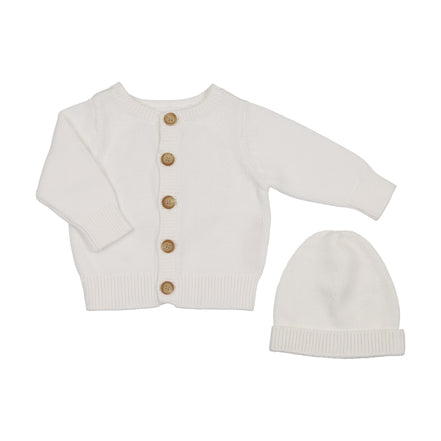 Embossed Reversible Cardigan + Beanie Set – Cream