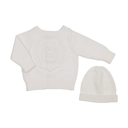 Embossed Reversible Cardigan + Beanie Set – Cream
