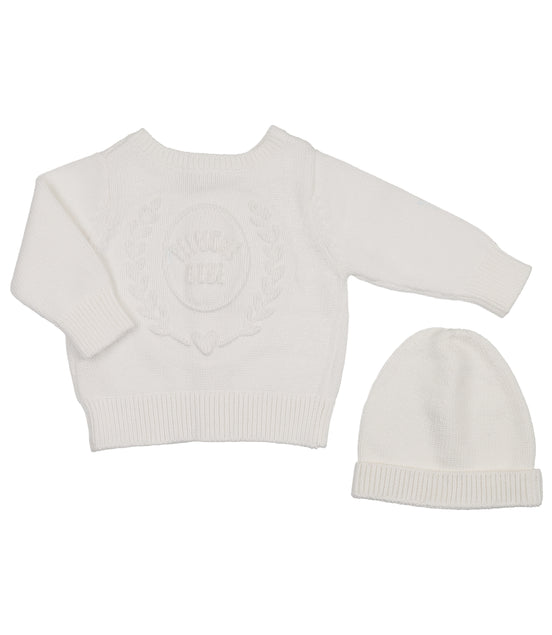Embossed Reversible Cardigan + Beanie Set – Cream